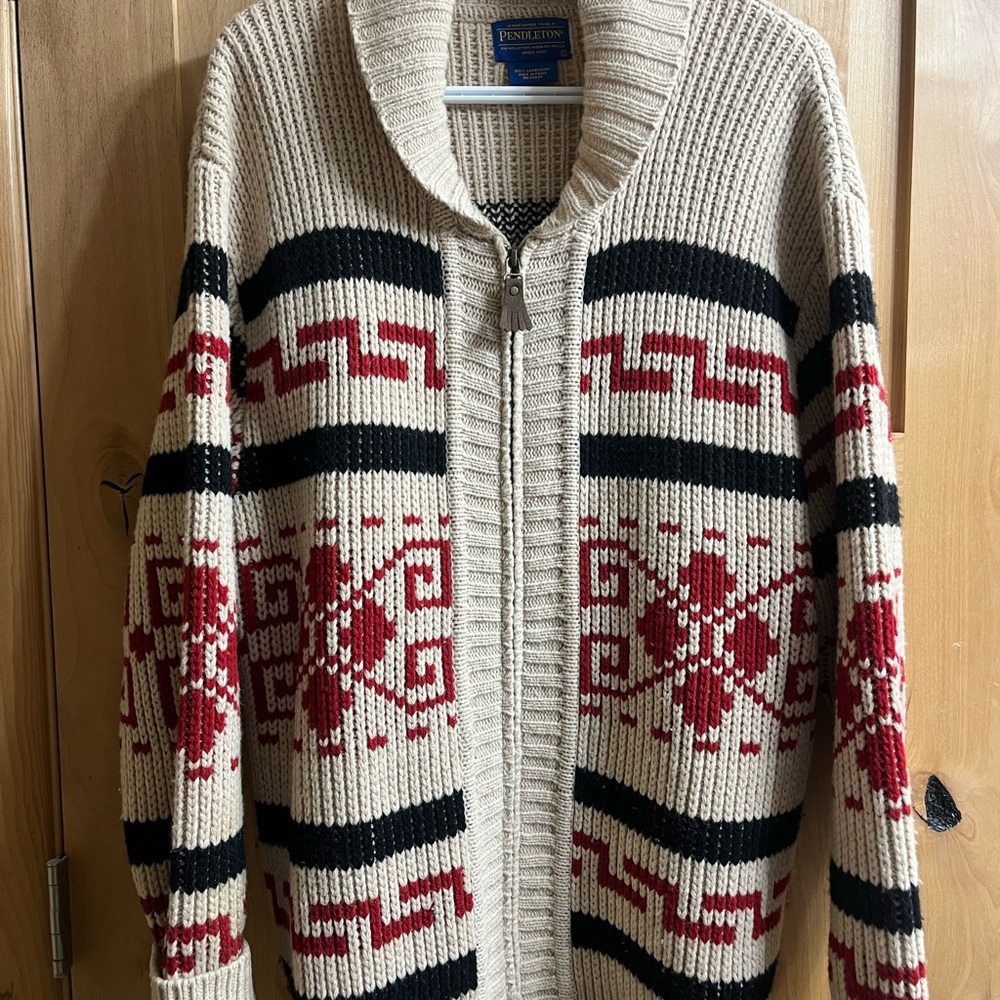 Pendleton Beige Knit Cardigan with Red and Black Pattern